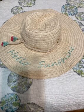 Hello Sunshine Wide-Brim Straw Sun Hat - Cream with Aqua Embroidery